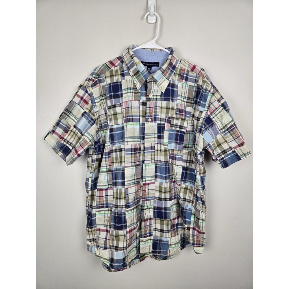 Tommy Hilfiger Mens XL Patchwork Plaid Short Sleeve Button Down Shirt MultiColor